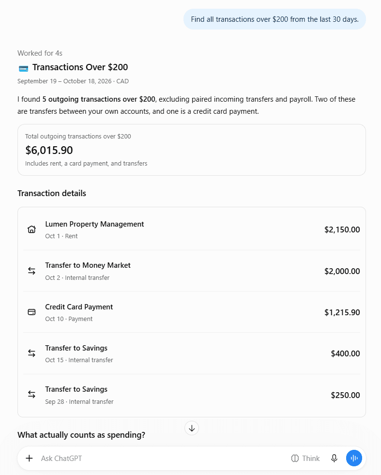 Réponse de l'IA à : Trouve toutes les transactions de plus de 200 $ des 30 derniers jours.