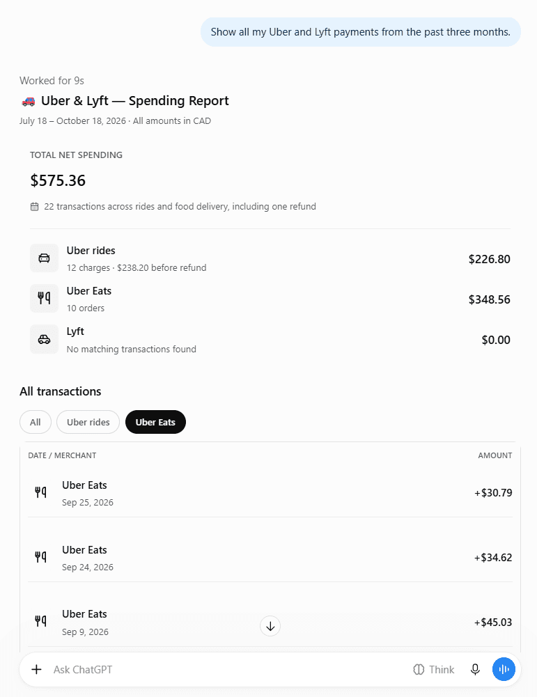 Réponse de l'IA à : Montre tous mes paiements Uber et Lyft des trois derniers mois.