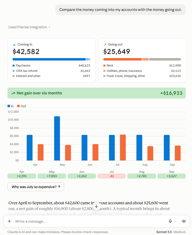 Réponse de l'IA à : Compare l'argent qui entre dans mes comptes avec l'argent qui en sort.
