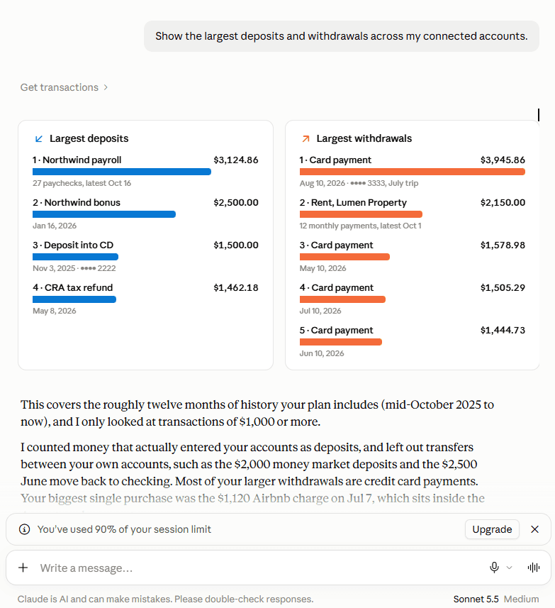 Réponse de l'IA à : Montre les plus gros dépôts et retraits sur mes comptes connectés.